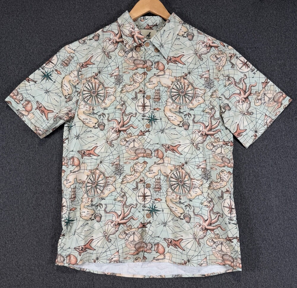 Kalvero Shirt Mens Blue Nautical Map Graphic Print Short Sleeve Button-Up